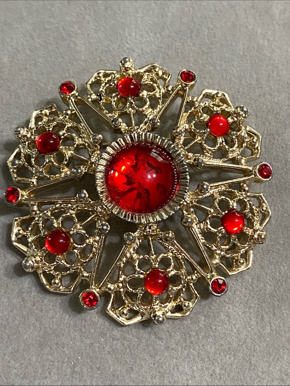 Sarah Coventry Gold-Tone Brooch with Red Cabochons
